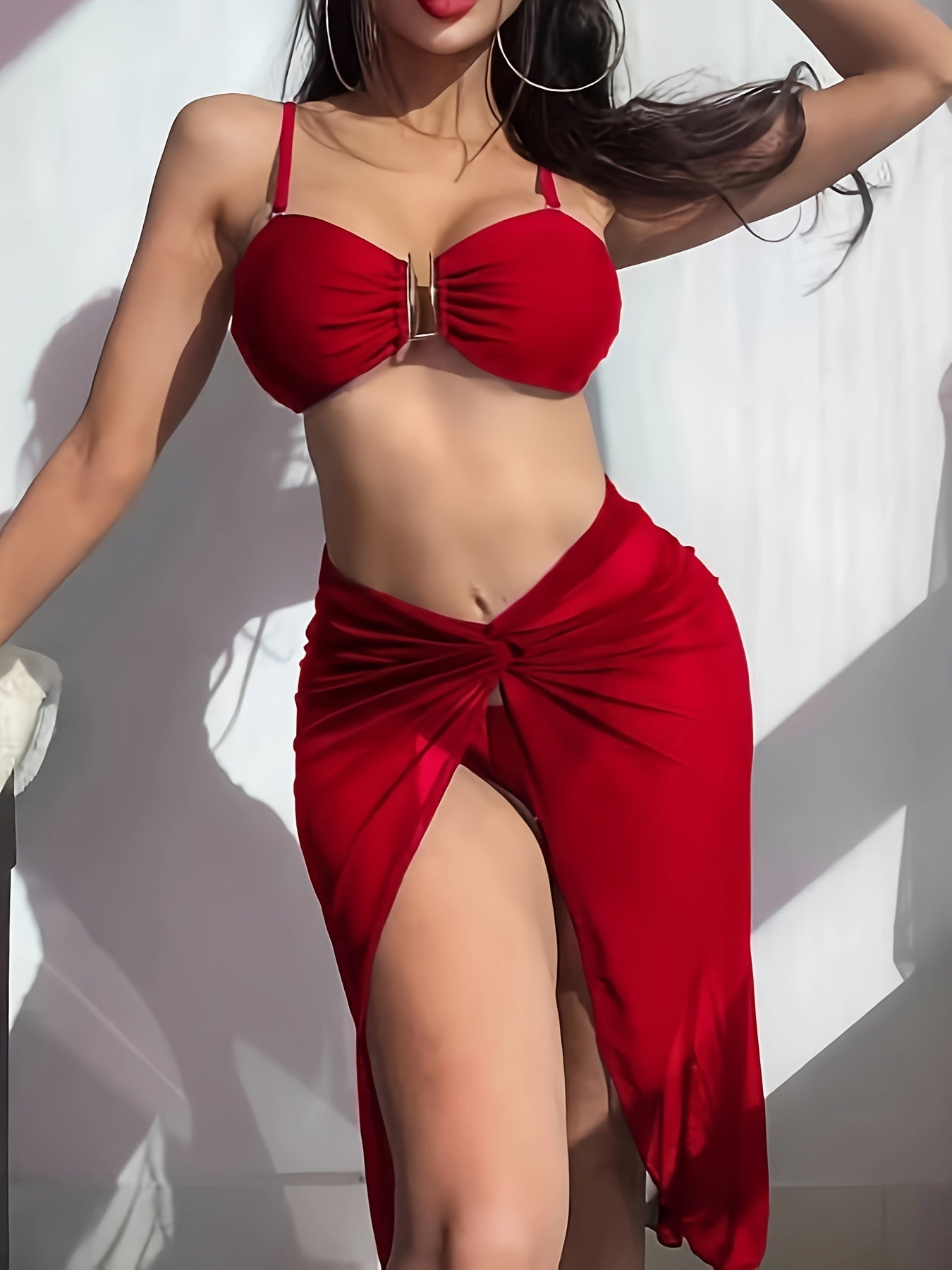 Women's 3-Piece Solid Color Bikini Set – U-Wire High Cut Thong Swimsuit with Matching Cover-Up Skirt, High-Stretch Swimwear